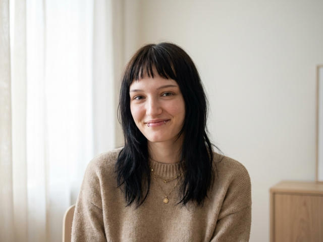 ValeryBazzle with black shoulder-length hair, smiling, wearing a beige sweater, small gold necklace, sitting, soft natural light, light skin, casual, cute, relaxed, slightly messy hair.