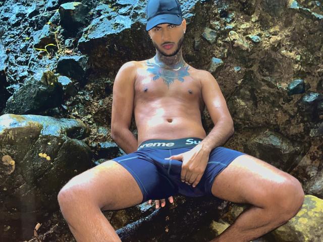 TheImperialMen with a dark cap, tattoos, and blue underwear, sitting on rocks, hand covering his chubby cock, muscular, tan skin, looking at camera with parted lips.