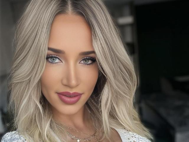 TiffanyAddams heeft blond, golvend haar, blauwe ogen en roze lippenstift. Ze draagt een witte top van kant met een gouden ketting. Haar borsten zijn niet zichtbaar..