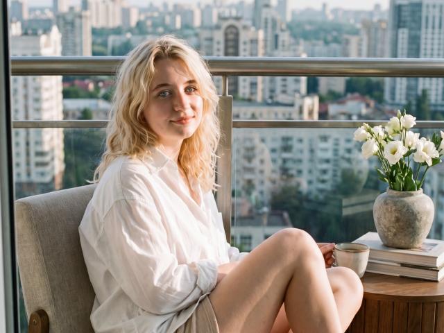 Georgene, cheveux blonds, chemise blanche, fesses nues, assise sur un balcon, jambes croisées, souriante, fleurs blanches dans un pot, vue sur la ville, journée, décontractée, informelle, lumière naturelle..