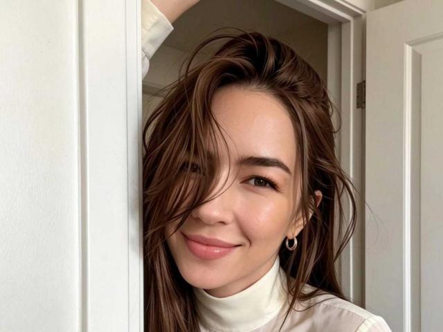 MilaHans with dirty brown hair, smiling, showing off her cute face and small nose, wearing a white turtleneck, earrings, and standing in a door frame.