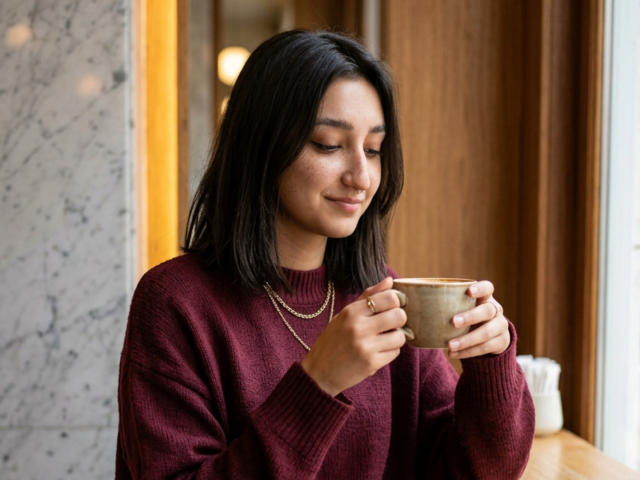 HeikeCarchi, avec ses cheveux foncés, portant un pull marron, tenant une tasse beige, les yeux fermés, souriant légèrement, un collier en or, une fenêtre en bois, un mur en marbre, une lumière douce, calme..