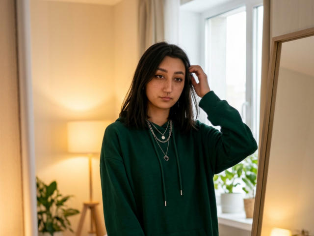 Heike Carchi, con cabello oscuro, sudadera verde, varios collares, mano en el cabello, de pie junto a la ventana, espejo a la derecha, planta en maceta, lámpara, luz suave, expresión seria..