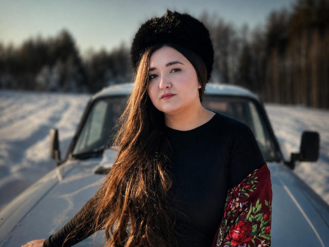 Ramona Chisman, avec de longs cheveux bruns, un chapeau en fourrure noire, un haut noir et une manche rouge à motifs floraux, se tient devant une voiture enneigée et stationnée, avec une expression sérieuse et un léger sourire..