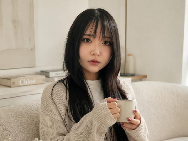 AnnettaHatchcock with long black hair, holding a white mug in both hands, wearing a beige sweater, sitting on a cream sofa, looking directly at the camera.