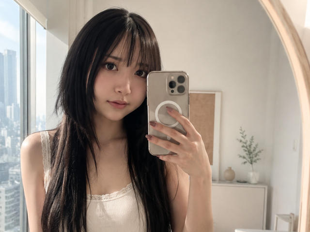 Annetta Hatchcock, con lunghi capelli neri, indossa una canottiera bianca e sta scattando un selfie allo specchio con un iPhone, mostrando il suo viso carino e i suoi piccoli seni. Luce solare in una stanza moderna..