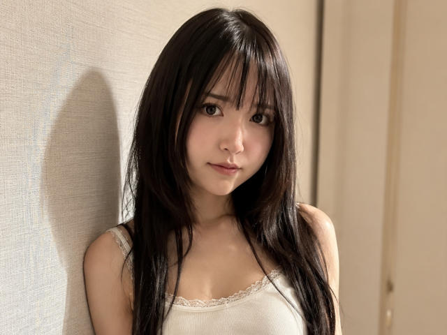 AnnettaHatchcock with long black hair, bangs, and light skin, wearing a white lace-trimmed tank top, standing against a beige wall, showing a slight, cute smile.