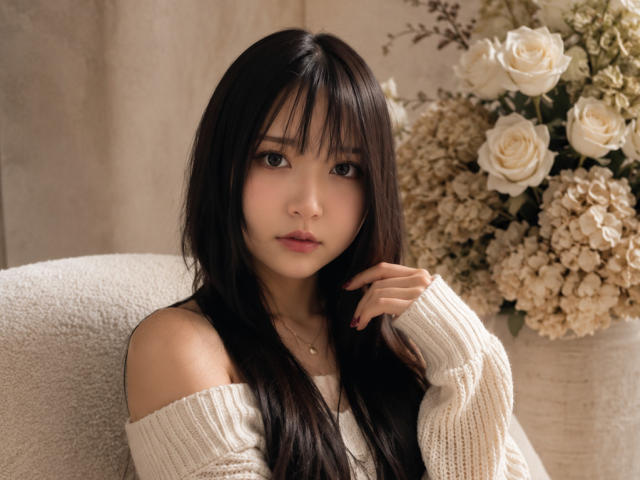 AnnettaHatchcock with long black hair, off-shoulder white knit sweater, sitting, hand near face, looking at camera, white roses and hydrangeas in the background.
