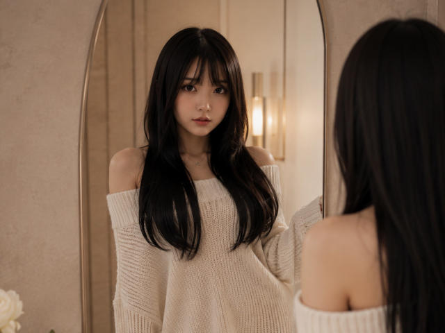 AnnettaHatchcock with long black hair, looking at herself in a mirror, wearing an off-shoulder white knit sweater, showing her bare shoulders and small tits, in a softly lit room.