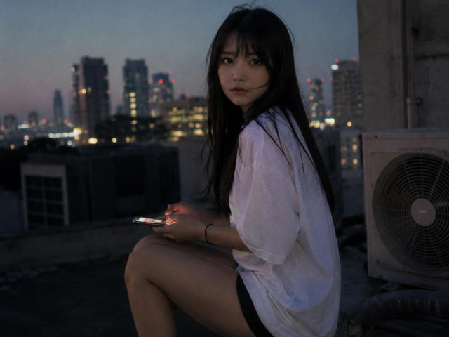 AnnettaHatchcock with long black hair, wearing a white shirt and black shorts, sitting on a rooftop, holding a phone, city lights in the background, night, slightly bluish sky.