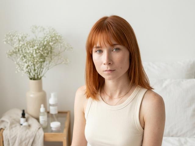 Kasandra Grothe, com cabelo ruivo, vestindo uma camiseta branca, tem seios pequenos, pele clara e uma expressão séria, e está em pé ao lado de uma mesa de madeira com loção e flores..