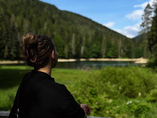 Niferttiti with brown bun, pink hair clips, black shirt, facing forest and lake, green grass in foreground, blue sky and white clouds above, mountain in background.