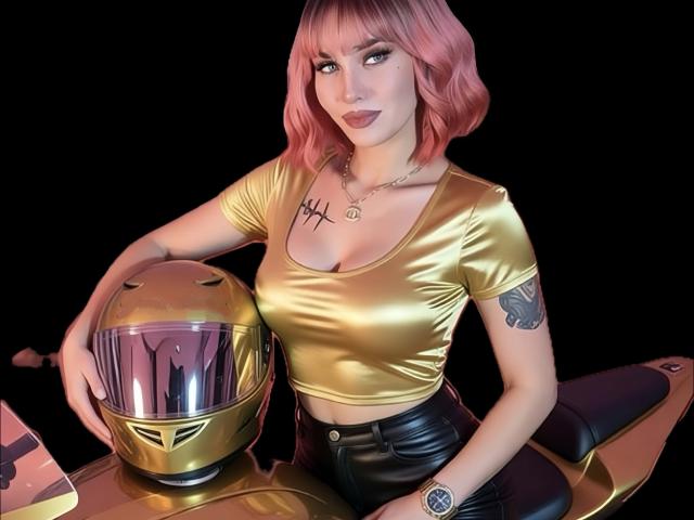 LoveMeKara mit pinkem Bob, goldener Oberteil, schwarzen Lederhosen, hält einen goldenen Helm, Tätowierung auf der Brust, Tätowierung am Arm, sitzt auf einem Motorrad, schwarzer Hintergrund, blickt in die Kamera..