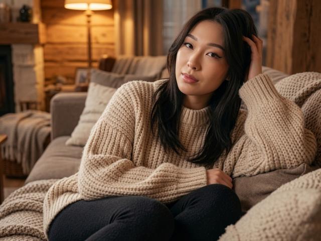 Catherina Kicker, con i suoi lunghi capelli neri, indossa un maglione beige e pantaloni neri, ed è seduta su un divano, guardando la telecamera con un'espressione rilassata e leggermente seducente..