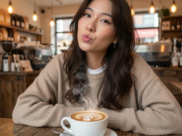 CatherinaKicker, mit hochgezogenen Lippen, braunes, welliges Haar, beiger Pullover, hält einen dampfenden Latte, Holztisch, gemütliches Café, hängende Lampen, süß, attraktiv, weicher Fokus..