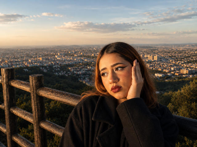 EmyHouston met bruin haar, zwarte jas, hand op haar wang, die naar de zijkant kijkt, stadsbeeld op de achtergrond, houten hek op de voorgrond, zacht zonlicht, lichtjes opgetrokken lippen..