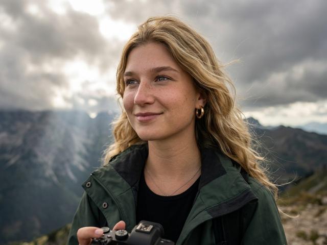 Jina Kulakowski, con cabello rubio ondulado, chaqueta verde, camisa negra, sosteniendo una cámara, pequeños aretes dorados, sonriendo ligeramente, cielo nublado, fondo de montañas, rayos de luz, segura de sí misma, atractiva..