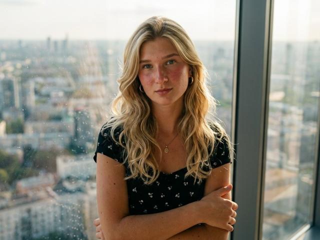 Blonde Jina Kulakowski met golvend haar, gekleed in een zwart topje met korte mouwen en een patroon, armen gekruist, staand bij een raam met uitzicht op de stad, zacht zonlicht, lichte roze blos op de wangen..