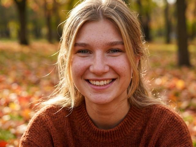 Jina Kulakowski heeft blond haar, groene ogen, sproeten en een grote glimlach. Ze draagt een bruine gebreide trui, met een bos van herfstbladeren op de onscherpe achtergrond..