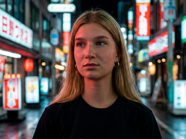 Jina Kulakowski ha i capelli biondi, un viso serio, piccoli orecchini dorati e indossa una maglietta nera in una scena notturna urbana illuminata da luci al neon. Il suo seno non è visibile..