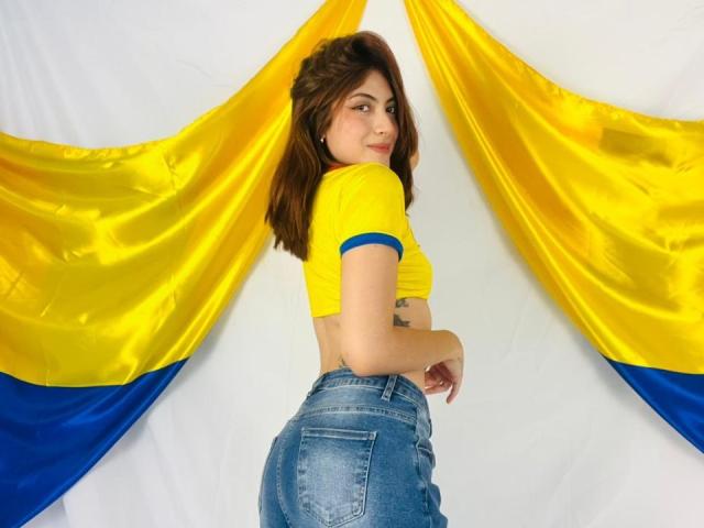SpencerLe with medium brown hair, yellow crop top, blue jeans, looking back, showing her ass, yellow and blue flags in background, slight smile, tattoo on right arm.