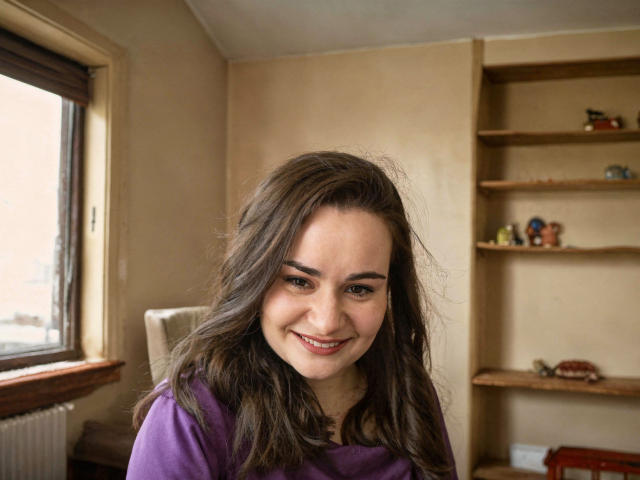ElizanXStarzy, com cabelos castanhos ondulados, sorrindo, vestindo uma camisa roxa, sentada em um quarto com uma janela e prateleiras de madeira ao fundo. Seus seios são pequenos..