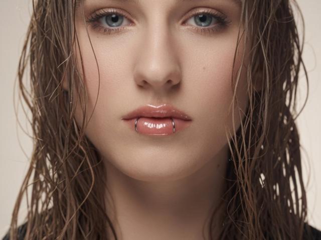 DioneKuser heeft nat bruin haar, blauwe ogen en een glanzende lip-piercing. Haar roze lippen zijn lichtjes open, waardoor een klein stukje van haar ondertanden zichtbaar is..