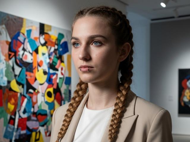 DioneKuser, com cabelo trançado, olhos azuis e um piercing no nariz, vestindo um blazer bege sobre uma camisa branca, olhando para o lado em uma galeria de arte..