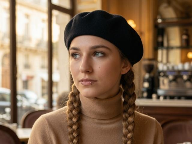 DioneKuser, com cabelo castanho trançado, boina preta e gola alta bege, com uma expressão levemente emburrada, tem olhos verdes bonitos e um nariz pequeno, sentada em um café aconchegante..