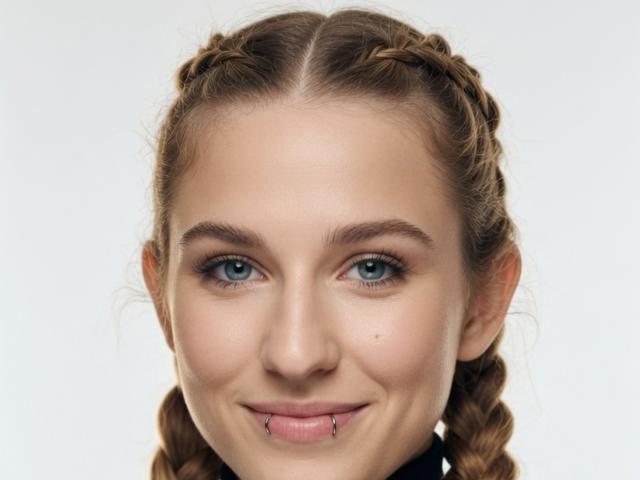 O rosto de DioneKuser, olhos azuis, tranças castanhas, lábios rosados levemente entreabertos com um piercing no lábio inferior, pele clara, sorriso discreto, sobrancelhas retas, fundo branco..