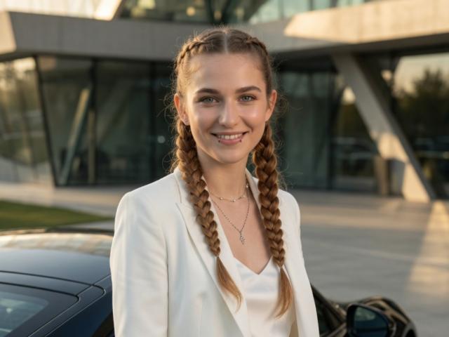 DioneKuser, con trenzas, un blazer blanco y sonriendo, está de pie junto a un coche, tiene un busto atractivo y un rostro delgado y bonito, lleva un collar, en un entorno exterior soleado..
