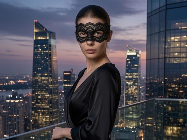 KyraRobin with black lace mask, black satin dress, standing on rooftop at dusk. City skyline with lit buildings in background. Her tits are small, face is serious, hair is slicked back.