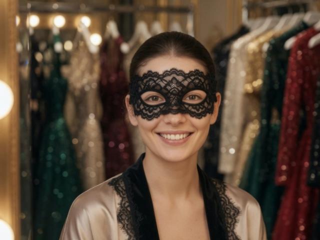 KyraRobin has a black lace mask covering her eyes, smiling with straight white teeth, wearing a shiny satin robe, with brown hair pulled back, and a shop full of dresses.