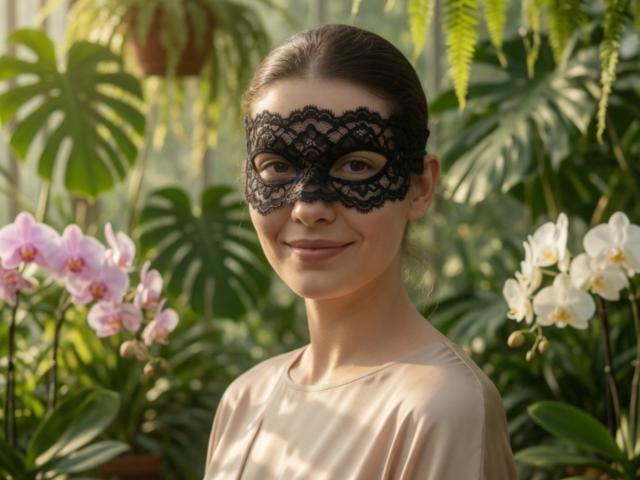 KyraRobin with lace mask, brown hair, smiling, wearing beige shirt, pink orchids on left, white orchids on right, green plants in background, soft sunlight.
