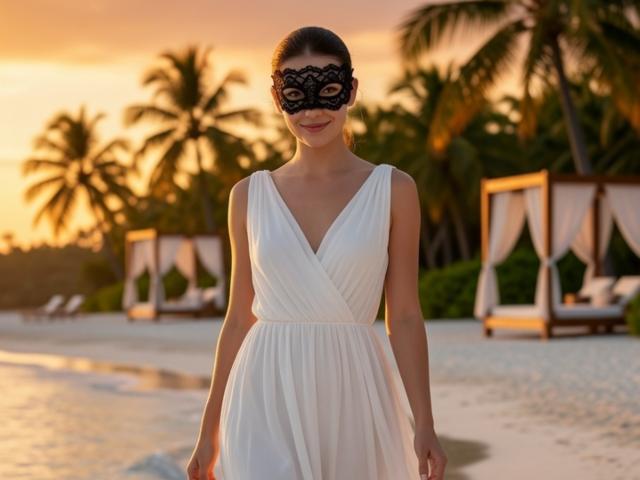 KyraRobin with a black lace mask, white sleeveless V-neck dress, and brown hair in a bun, standing on a beach at sunset, wearing a mask over her eyes.