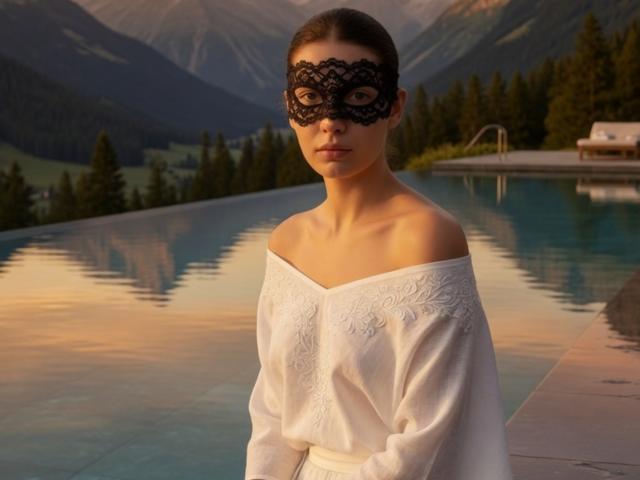 KyraRobin with black lace mask, white off-shoulder top, standing by a pool, mountains in the background, sunset lighting, serious expression, visible collarbones, white skin, brown hair.