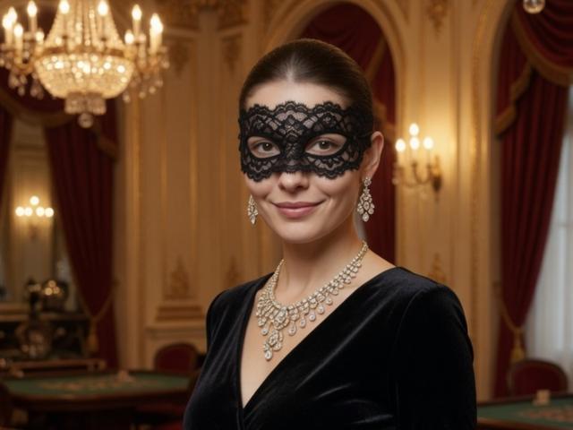 KyraRobin, con una maschera di pizzo nero, un abito di velluto e orecchini di diamanti, sorride in una stanza sontuosa, indossando una collana scintillante, ma ha il seno coperto e i genitali nascosti..