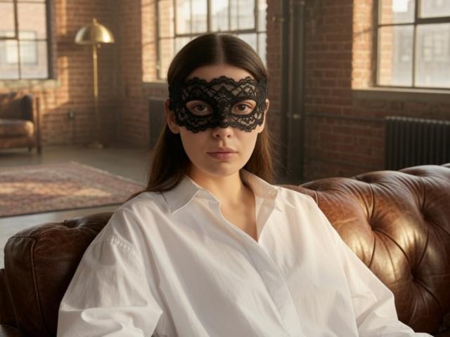KyraRobin with long brown hair, wearing a black lace mask and white button-up shirt, sitting on a brown leather tufted sofa, looking directly at the camera.