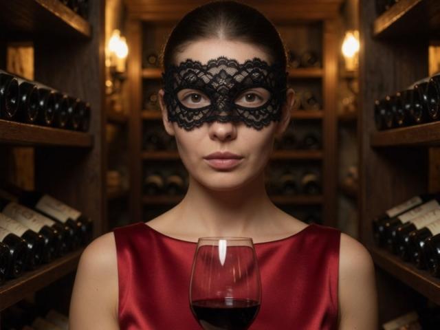 KyraRobin con una máscara de encaje negro, un vestido de satén rojo, sosteniendo una copa de vino tinto, de pie en una bodega, con su cabello castaño peinado hacia atrás, mirando directamente a la cámara..