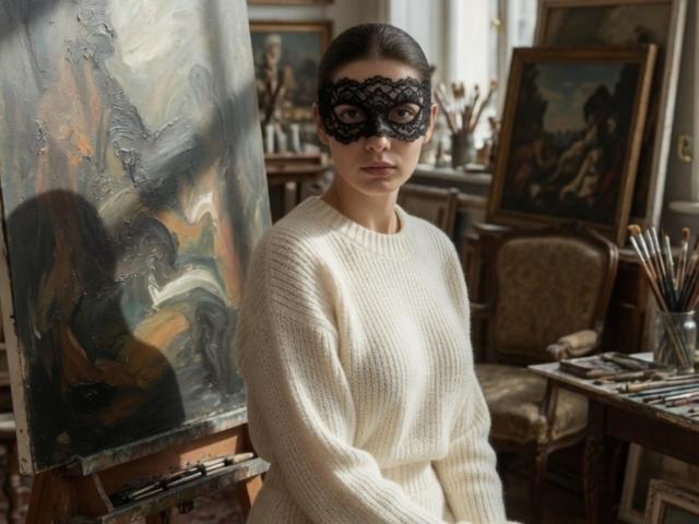 KyraRobin mit schwarzer Spitzenmaske, weißem Strickpullover und braunen Haaren, steht vor einem Gemälde, hält einen Pinsel und befindet sich in einem schwach beleuchteten, klassisch eingerichteten Raum..