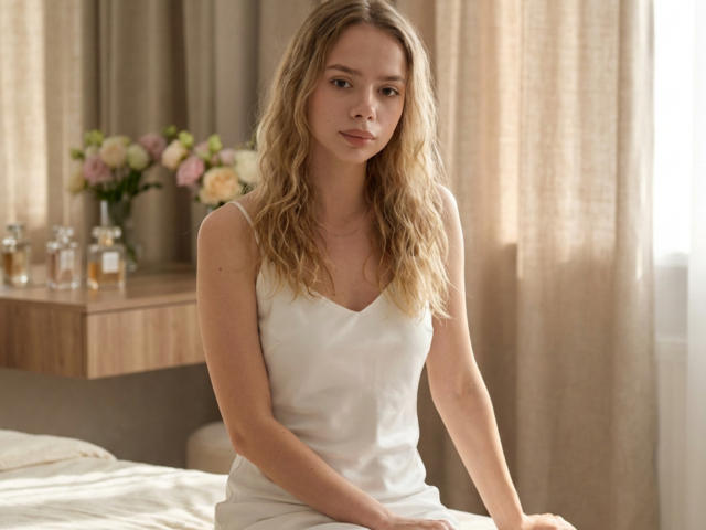 IrmaAncy with wavy blonde hair, wearing a white tank top, sitting on a bed, her small tits visible, in a softly lit room with beige curtains and flowers.