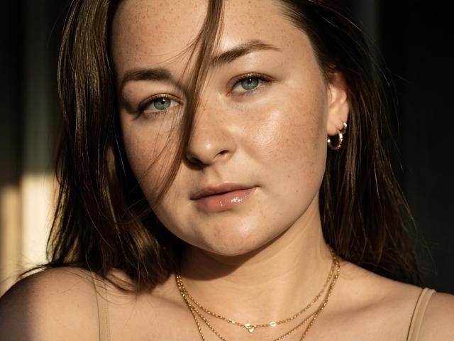 QenSisi has shiny, freckled skin, blue eyes, and brown hair with a side part. She wears a gold necklace and hoop earrings, looking slightly pouty with glossy lips.