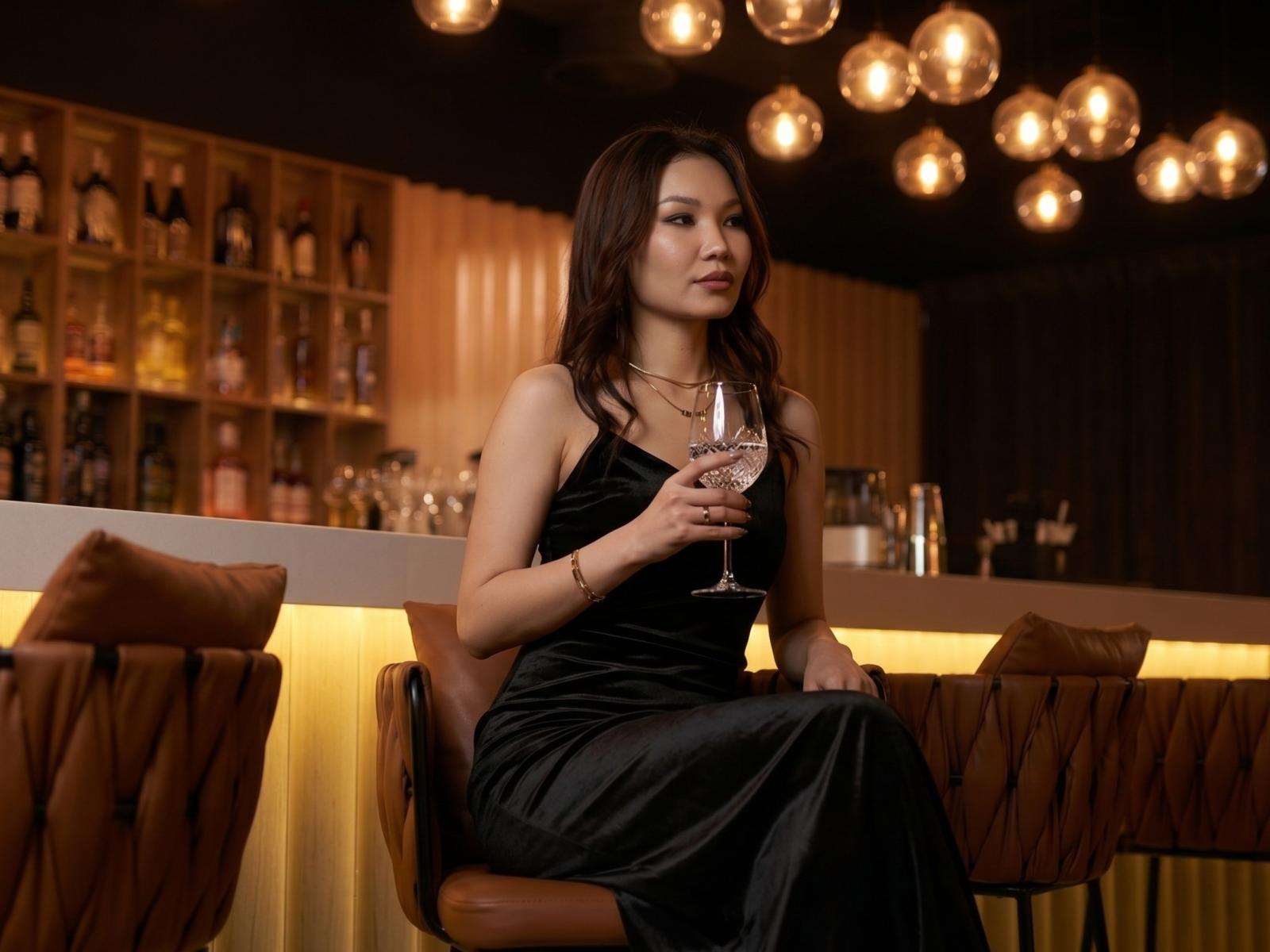 SudieBandy with brown hair, black dress, holding a glass of white wine, sitting on a brown leather bar stool, looking confident, warm light from hanging bulbs in the background.