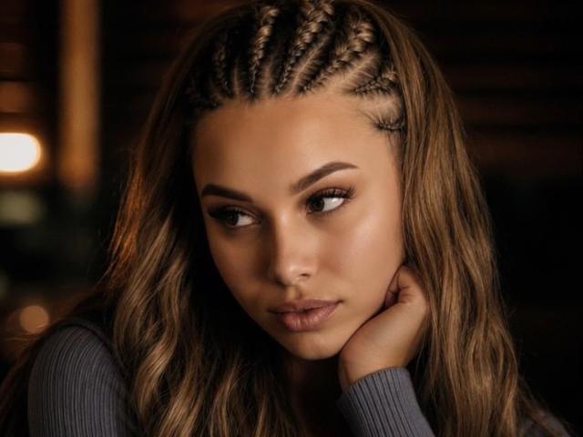 Niferttiti has braided hair, a serious expression, and is resting her chin on her hand. She's wearing a gray ribbed top, with her brown eyes looking to the side.