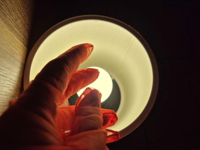 La main de Rozalin, aux doigts rouges et recouverts de dentelle, se tend vers une source de lumière circulaire et brillante, projetant des ombres sur un fond sombre. La lumière met en valeur la peau texturée de Rozalin..