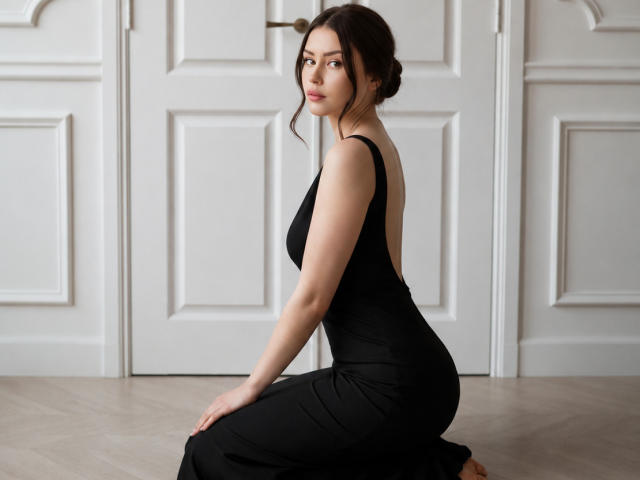 Melleka has a curvy butt in a black, backless dress, sitting on the floor, looking over her shoulder with brown hair in a bun, in a softly lit room.