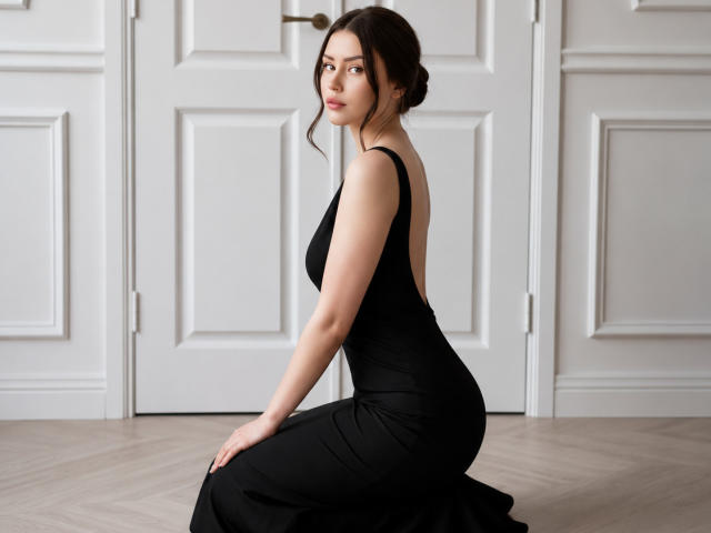 Melleka in a black dress, sitting on floor, back to camera, showing her ass, looking over shoulder, pale skin, dark hair in bun, white doors in background.