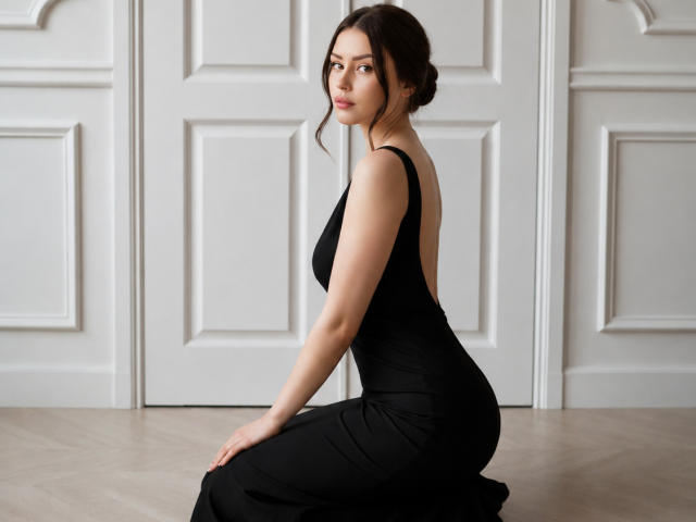 Melleka, sitting on her knees, wearing a black, backless dress, showing her ass, with a side profile, looking at the camera, in a room with white doors.