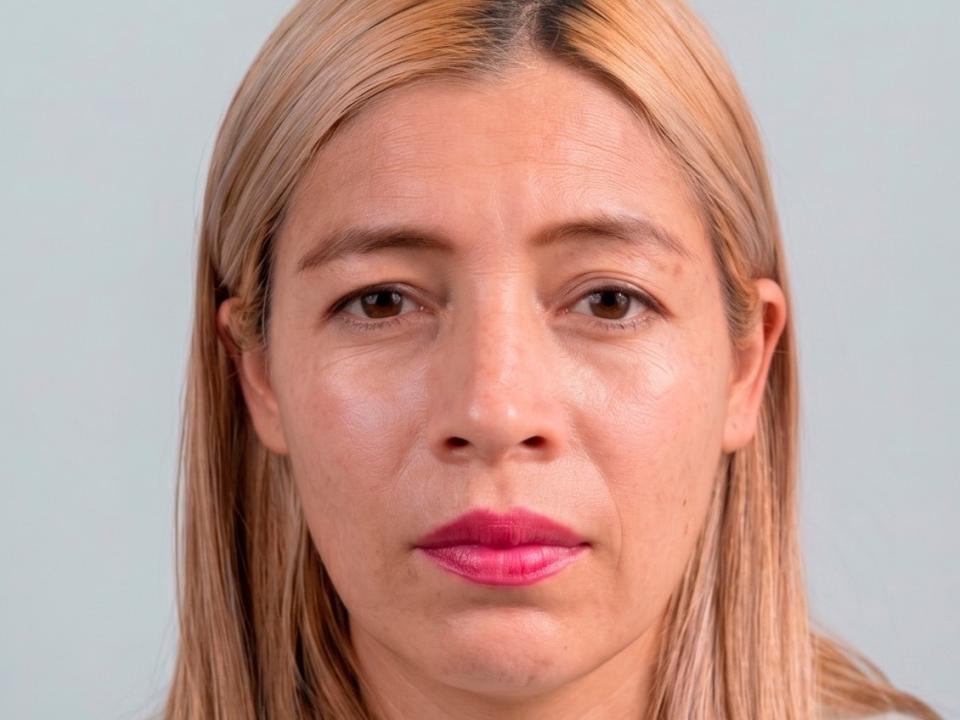 DramiaKing ha i capelli biondi, gli occhi marroni, il rossetto rosa e un'espressione neutra. Il suo viso presenta leggere rughe e un incarnato chiaro. Guarda direttamente nella fotocamera..