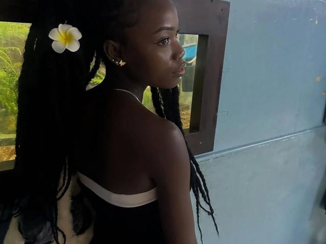 EbonyAngel-hot with dark skin, black braids, white plumeria in hair, wearing black and white dress, looking back, showing bare shoulders and small star earrings.
